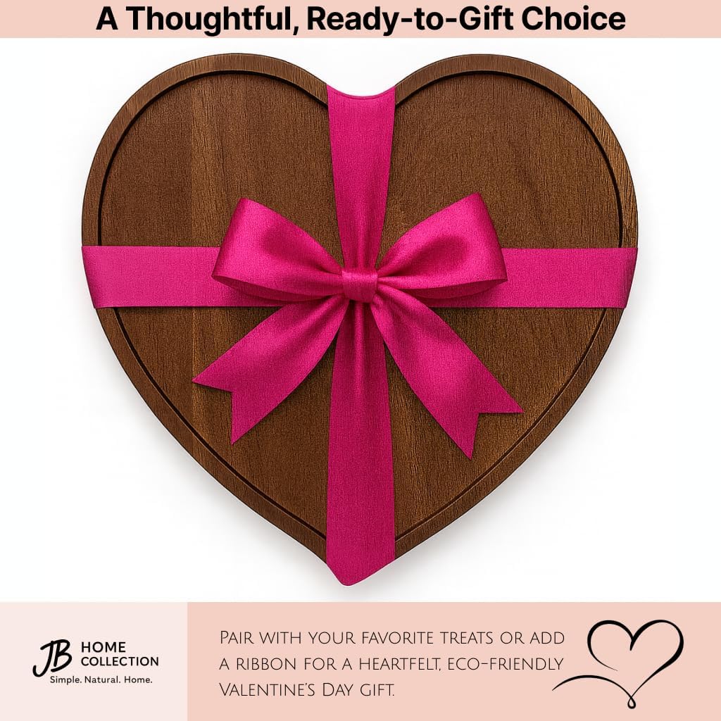 JB Home Collection, Premium Acacia Wood Heart Shape Plate Romantic Wedding Serving Tray for Snack Cake Fruit Nuts Appetizer, 8.25x6.75, 1 Pack